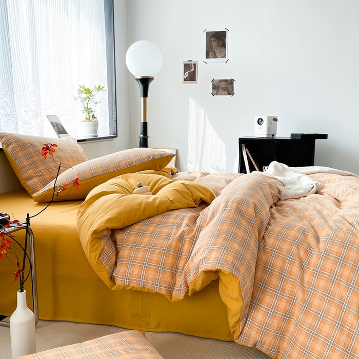 91家纺网 家纺一手货源 找家纺 春皖家纺 2026新款色织AB版水洗棉三件套四件套单品系列（四件套风格一） 素雅-黄条