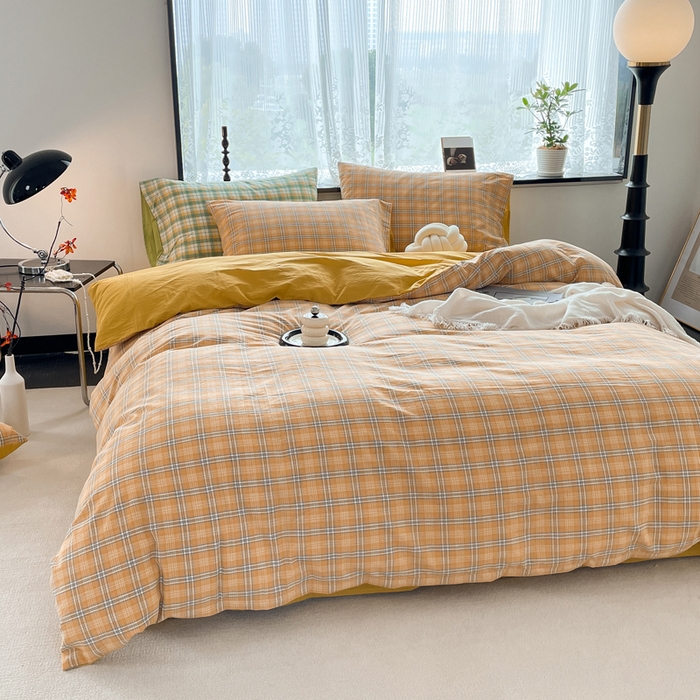 91家纺网 家纺一手货源 找家纺 春皖家纺 2026新款色织AB版水洗棉三件套四件套单品系列（四件套风格一） 素雅-黄条