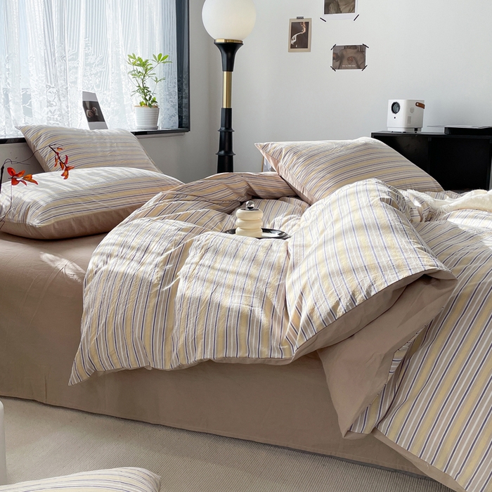 91家纺网 家纺一手货源 找家纺 春皖家纺 2026新款色织AB版水洗棉三件套四件套单品系列（四件套风格一） 素雅-杏黄纹