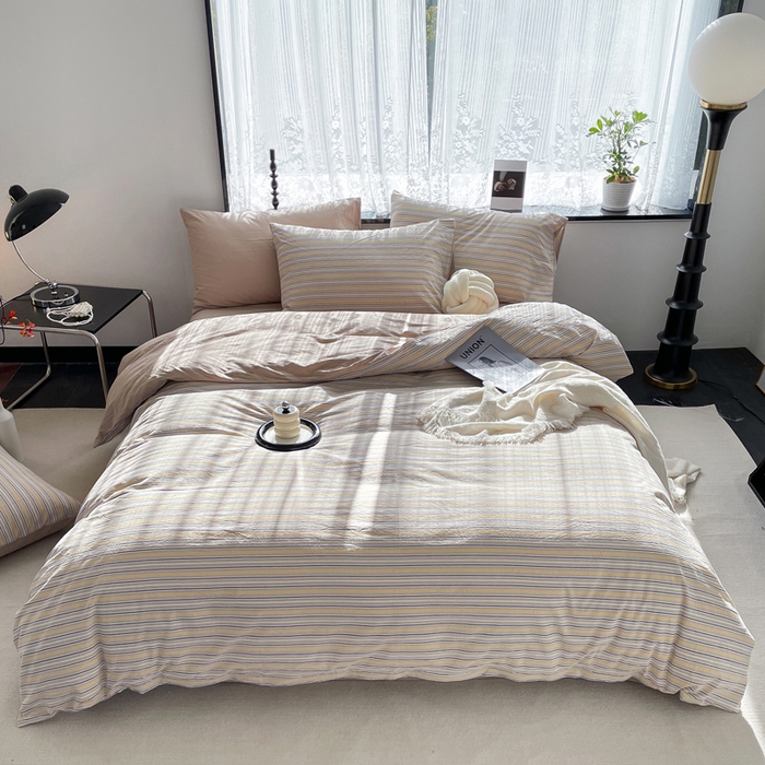 91家纺网 家纺一手货源 找家纺 春皖家纺 2026新款色织AB版水洗棉三件套四件套单品系列（四件套风格一） 素雅-杏黄纹