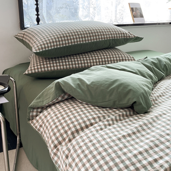 91家纺网 家纺一手货源 找家纺 春皖家纺 2026新款色织AB版水洗棉三件套四件套单品系列（四件套风格一） 素雅-绿格