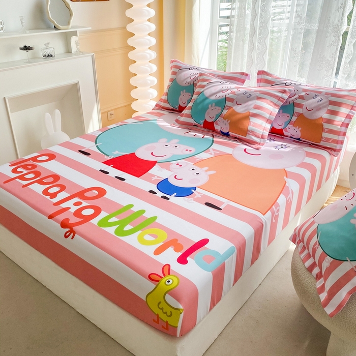 91家纺网 家纺一手货源 找家纺 一电 2026新款卡通床单床笠棕垫床套防尘罩席床垫保护套卡通儿童上下床床单床笠-第二批 佩奇一家人