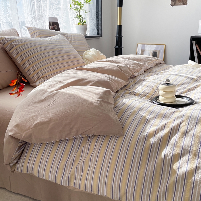 91家纺网 家纺一手货源 找家纺 春皖家纺 2026新款色织AB版水洗棉三件套四件套单品系列（四件套风格一） 素雅-杏黄纹