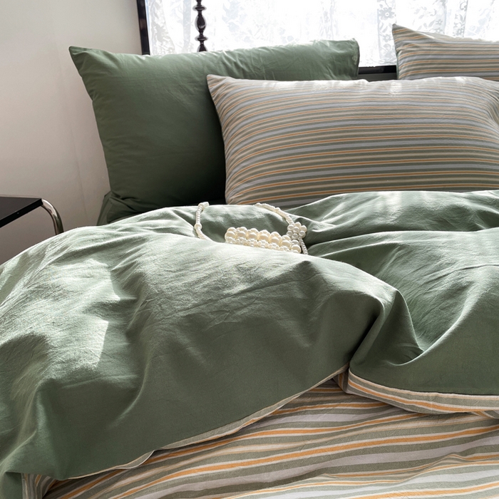 91家纺网 家纺一手货源 找家纺 春皖家纺 2026新款色织AB版水洗棉三件套四件套单品系列（四件套风格一） 素雅-绿条