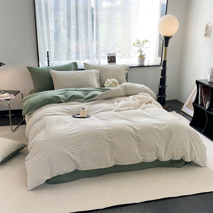 91家纺网 家纺一手货源 找家纺 春皖家纺 2026新款色织AB版水洗棉三件套四件套单品系列（四件套风格一） 素雅-绿条