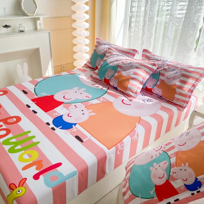 91家纺网 家纺一手货源 找家纺 一电 2026新款卡通床单床笠棕垫床套防尘罩席床垫保护套卡通儿童上下床床单床笠-第二批 佩奇一家人