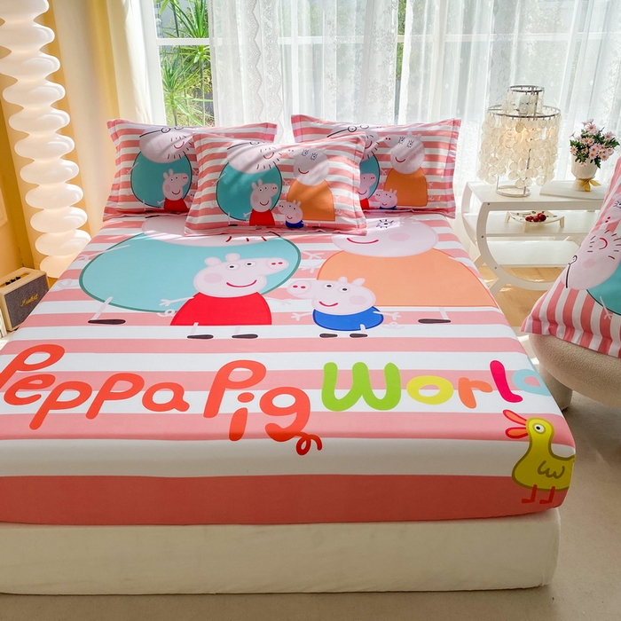 91家纺网 家纺一手货源 找家纺 一电 2026新款卡通床单床笠棕垫床套防尘罩席床垫保护套卡通儿童上下床床单床笠-第二批 佩奇一家人