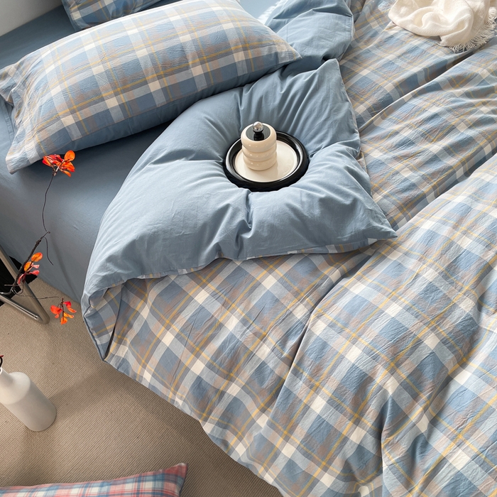 91家纺网 家纺一手货源 找家纺 春皖家纺 2026新款色织AB版水洗棉三件套四件套单品系列（四件套风格一） 素雅-蓝格