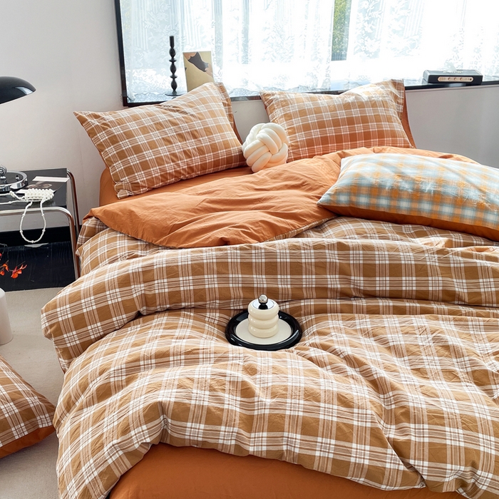 91家纺网 家纺一手货源 找家纺 春皖家纺 2026新款色织AB版水洗棉三件套四件套单品系列（四件套风格一） 素雅-黄格