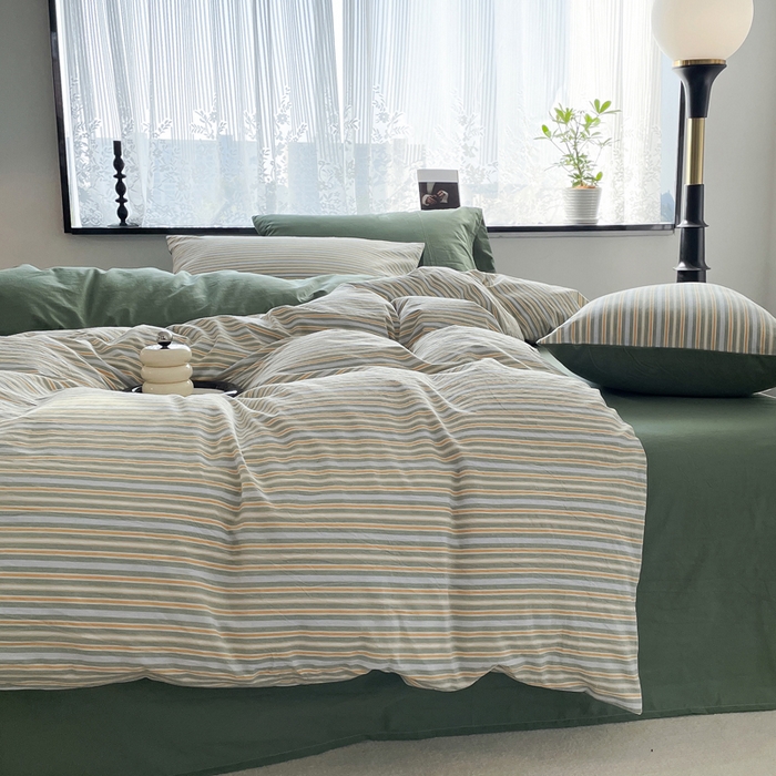 91家纺网 家纺一手货源 找家纺 春皖家纺 2026新款色织AB版水洗棉三件套四件套单品系列（四件套风格一） 素雅-绿条