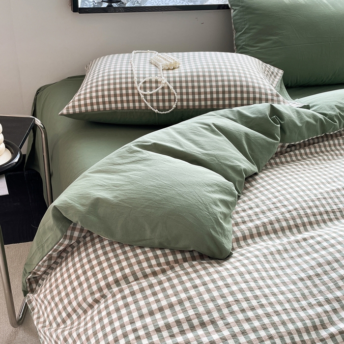 91家纺网 家纺一手货源 找家纺 春皖家纺 2026新款色织AB版水洗棉三件套四件套单品系列（四件套风格一） 素雅-绿格