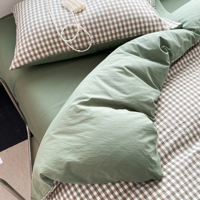 91家纺网 家纺一手货源 找家纺 春皖家纺 2026新款色织AB版水洗棉三件套四件套单品系列（四件套风格一） 素雅-绿格