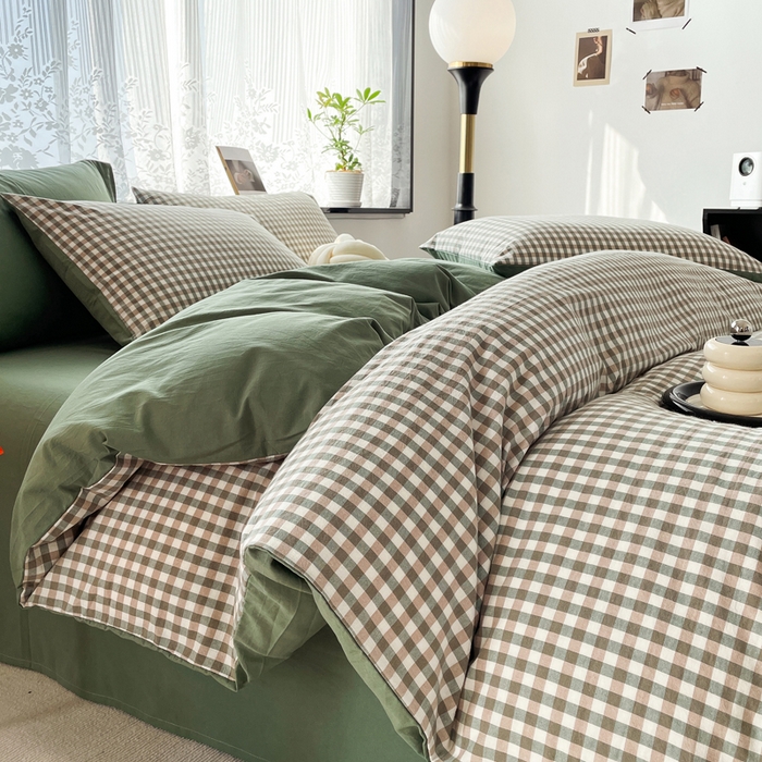 91家纺网 家纺一手货源 找家纺 春皖家纺 2026新款色织AB版水洗棉三件套四件套单品系列（四件套风格一） 素雅-绿格