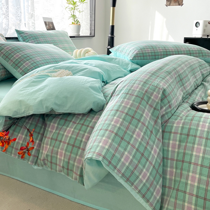 91家纺网 家纺一手货源 找家纺 春皖家纺 2026新款色织AB版水洗棉三件套四件套单品系列（四件套风格一） 素雅-情调