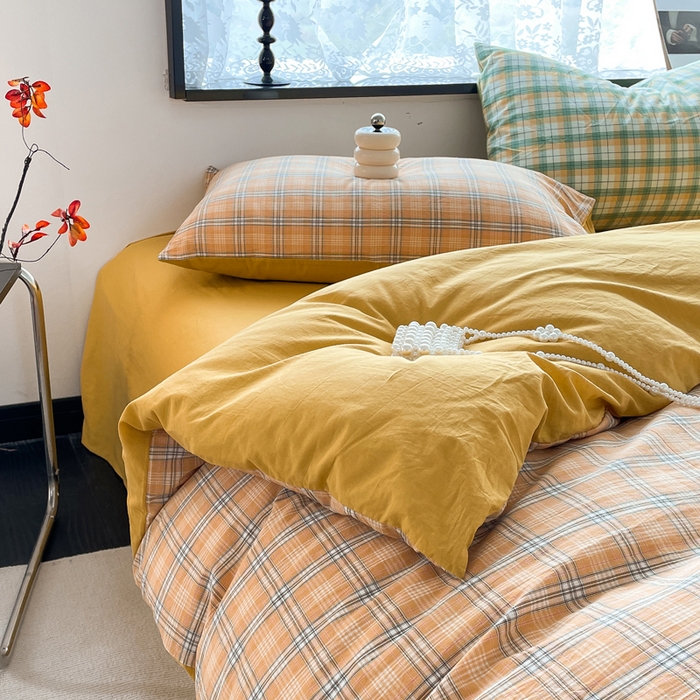 91家纺网 家纺一手货源 找家纺 春皖家纺 2026新款色织AB版水洗棉三件套四件套单品系列（四件套风格一） 素雅-黄条