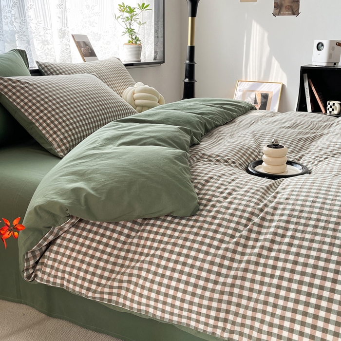 91家纺网 家纺一手货源 找家纺 春皖家纺 2026新款色织AB版水洗棉三件套四件套单品系列（四件套风格一） 素雅-绿格