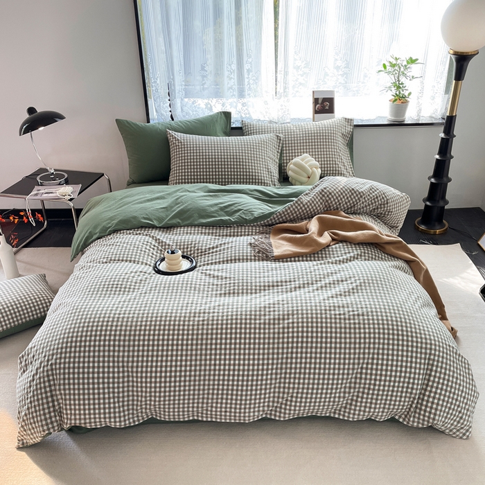 春皖家纺 2026新款色织AB版水洗棉三件套四件套单品系列（四件套风格一） 素雅-绿格