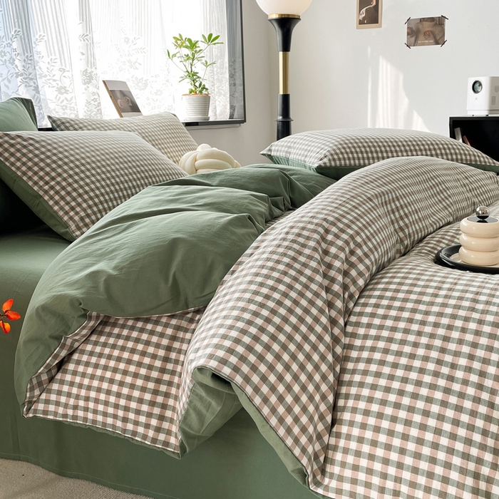 91家纺网 家纺一手货源 找家纺 春皖家纺 2026新款色织AB版水洗棉三件套四件套单品系列（四件套风格一） 素雅-绿格