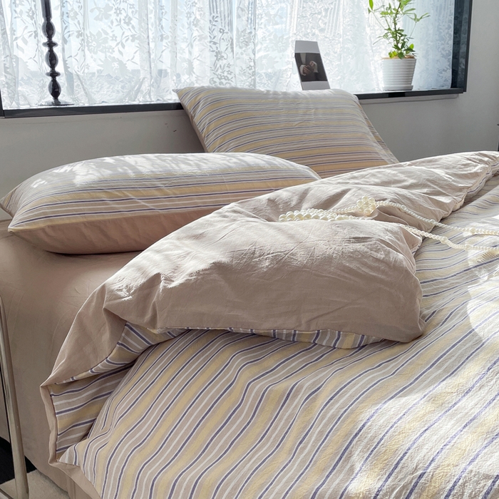 91家纺网 家纺一手货源 找家纺 春皖家纺 2026新款色织AB版水洗棉三件套四件套单品系列（四件套风格一） 素雅-杏黄纹