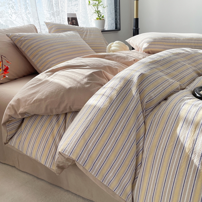 91家纺网 家纺一手货源 找家纺 春皖家纺 2026新款色织AB版水洗棉三件套四件套单品系列（四件套风格一） 素雅-杏黄纹