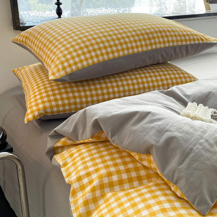 91家纺网 家纺一手货源 找家纺 春皖家纺 2026新款色织AB版水洗棉三件套四件套单品系列（四件套风格一） 朱羽-黄格