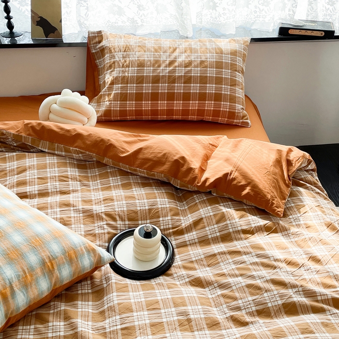 91家纺网 家纺一手货源 找家纺 春皖家纺 2026新款色织AB版水洗棉三件套四件套单品系列（四件套风格一） 素雅-黄格