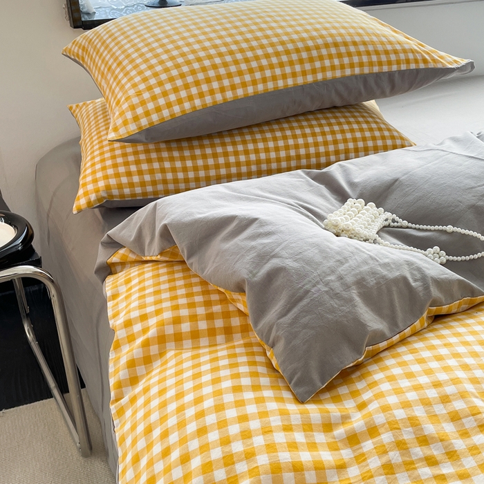 91家纺网 家纺一手货源 找家纺 春皖家纺 2026新款色织AB版水洗棉三件套四件套单品系列（四件套风格一） 朱羽-黄格