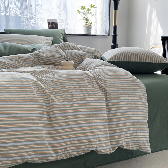 91家纺网 家纺一手货源 找家纺 春皖家纺 2026新款色织AB版水洗棉三件套四件套单品系列（四件套风格一） 素雅-绿条