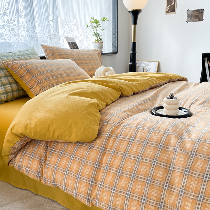 91家纺网 家纺一手货源 找家纺 春皖家纺 2026新款色织AB版水洗棉三件套四件套单品系列（四件套风格一） 素雅-黄条