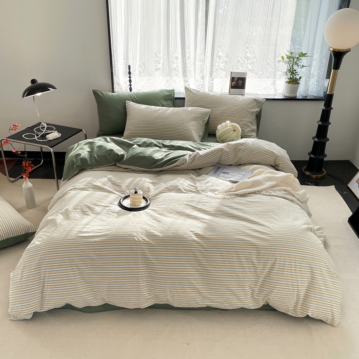 91家纺网 家纺一手货源 找家纺 春皖家纺 2026新款色织AB版水洗棉三件套四件套单品系列（四件套风格一） 素雅-绿条