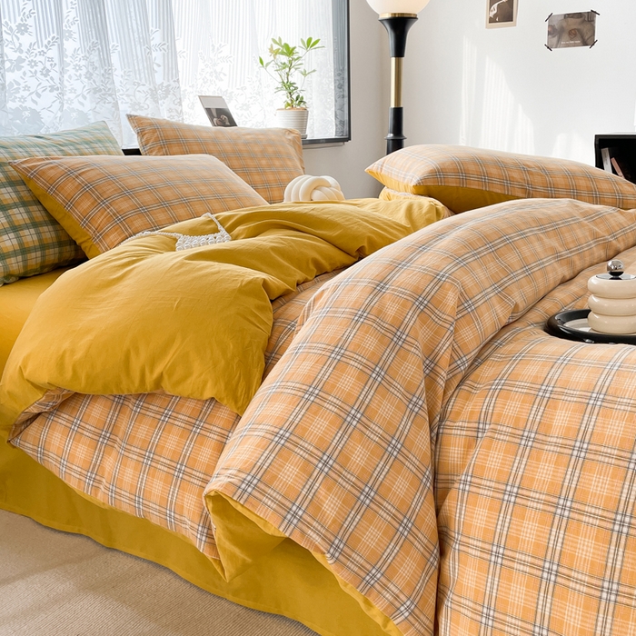 91家纺网 家纺一手货源 找家纺 春皖家纺 2026新款色织AB版水洗棉三件套四件套单品系列（四件套风格一） 素雅-黄条