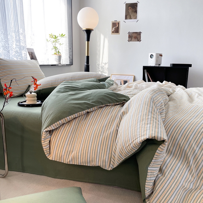 91家纺网 家纺一手货源 找家纺 春皖家纺 2026新款色织AB版水洗棉三件套四件套单品系列（四件套风格一） 素雅-绿条