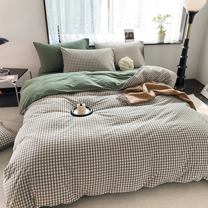 91家纺网 家纺一手货源 找家纺 春皖家纺 2026新款色织AB版水洗棉三件套四件套单品系列（四件套风格一） 素雅-绿格