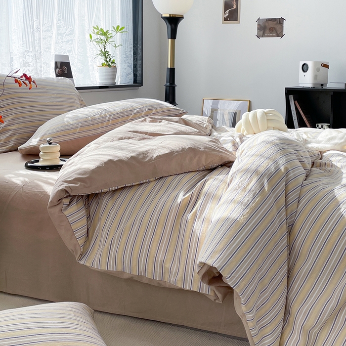 91家纺网 家纺一手货源 找家纺 春皖家纺 2026新款色织AB版水洗棉三件套四件套单品系列（四件套风格一） 素雅-杏黄纹