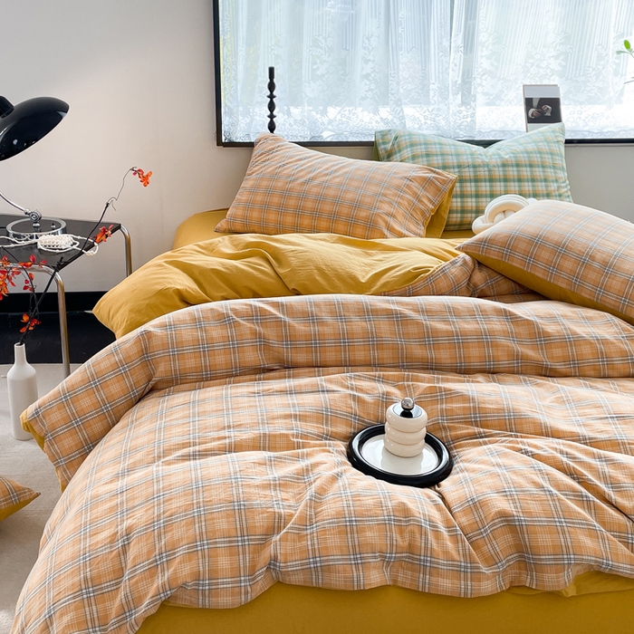 91家纺网 家纺一手货源 找家纺 春皖家纺 2026新款色织AB版水洗棉三件套四件套单品系列（四件套风格一） 素雅-黄条