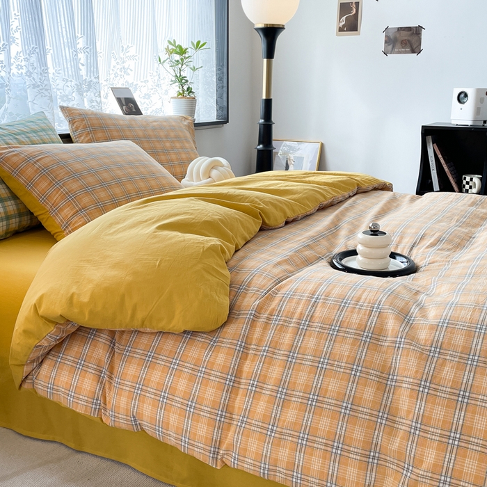 91家纺网 家纺一手货源 找家纺 春皖家纺 2026新款色织AB版水洗棉三件套四件套单品系列（四件套风格一） 素雅-黄条