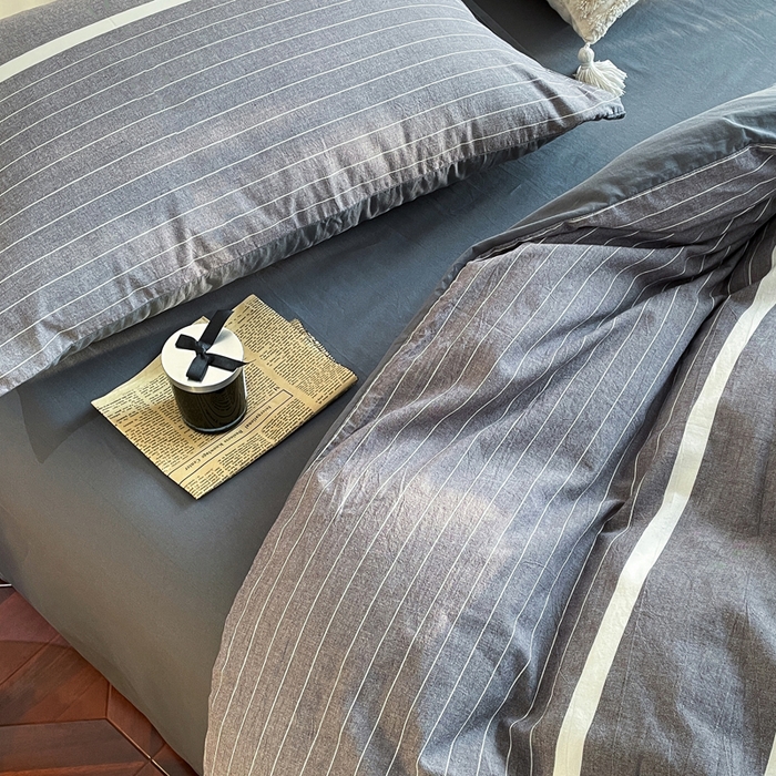 91家纺网 家纺一手货源 找家纺 春皖家纺 2026新款色织AB版水洗棉三件套四件套单品系列（四件套风格一） 素雅-灰条