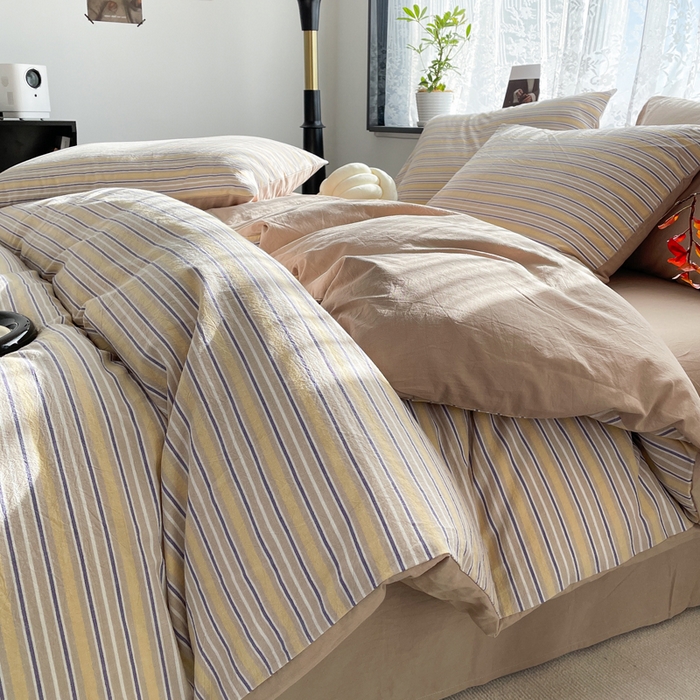 91家纺网 家纺一手货源 找家纺 春皖家纺 2026新款色织AB版水洗棉三件套四件套单品系列（四件套风格一） 素雅-杏黄纹