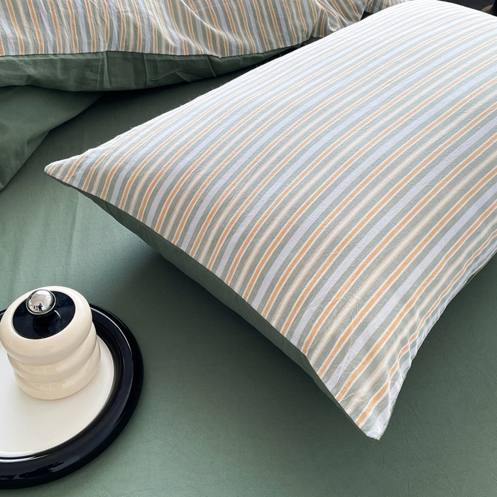 91家纺网 家纺一手货源 找家纺 春皖家纺 2026新款色织AB版水洗棉三件套四件套单品系列（四件套风格一） 素雅-绿条