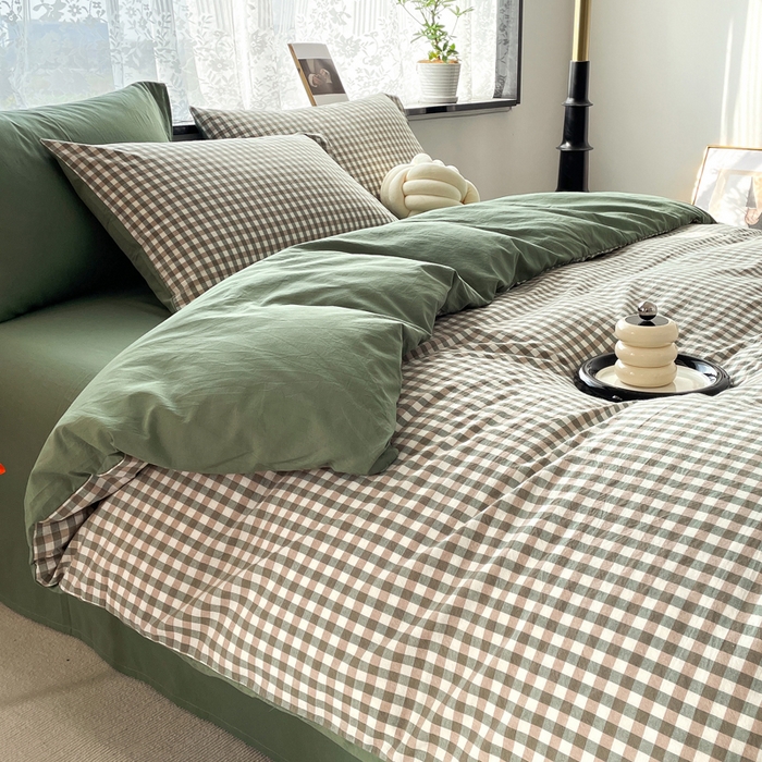 91家纺网 家纺一手货源 找家纺 春皖家纺 2026新款色织AB版水洗棉三件套四件套单品系列（四件套风格一） 素雅-绿格