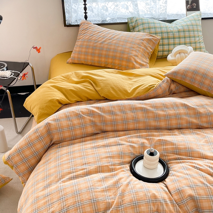 91家纺网 家纺一手货源 找家纺 春皖家纺 2026新款色织AB版水洗棉三件套四件套单品系列（四件套风格一） 素雅-黄条