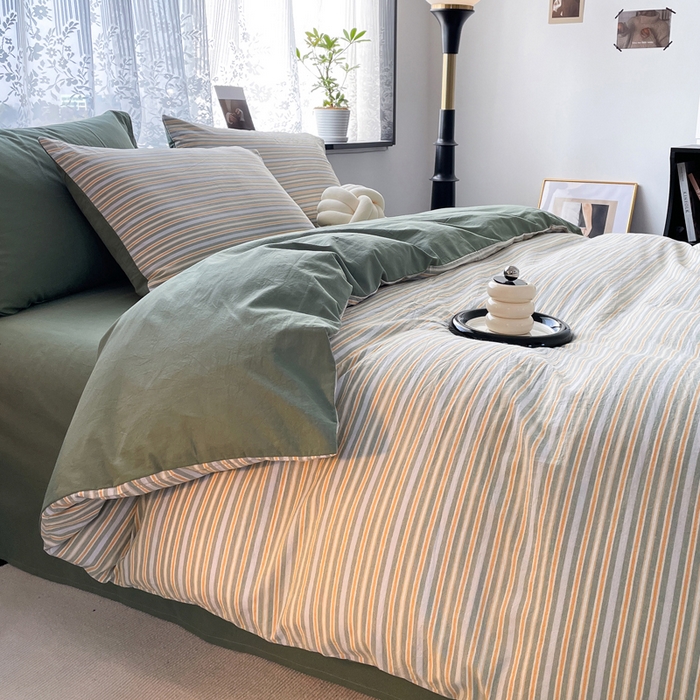 91家纺网 家纺一手货源 找家纺 春皖家纺 2026新款色织AB版水洗棉三件套四件套单品系列（四件套风格一） 素雅-绿条