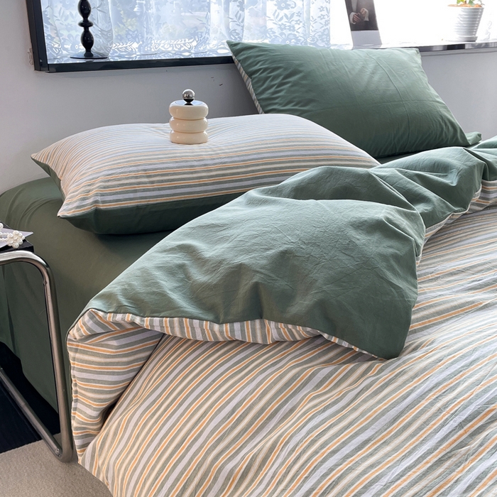 91家纺网 家纺一手货源 找家纺 春皖家纺 2026新款色织AB版水洗棉三件套四件套单品系列（四件套风格一） 素雅-绿条