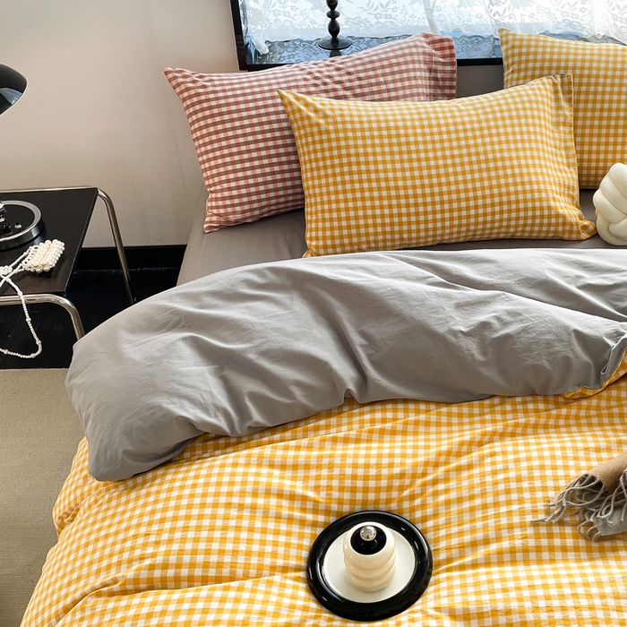 91家纺网 家纺一手货源 找家纺 春皖家纺 2026新款色织AB版水洗棉三件套四件套单品系列（四件套风格一） 朱羽-黄格