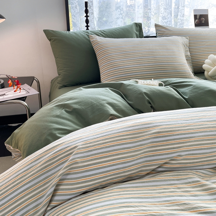 91家纺网 家纺一手货源 找家纺 春皖家纺 2026新款色织AB版水洗棉三件套四件套单品系列（四件套风格一） 素雅-绿条