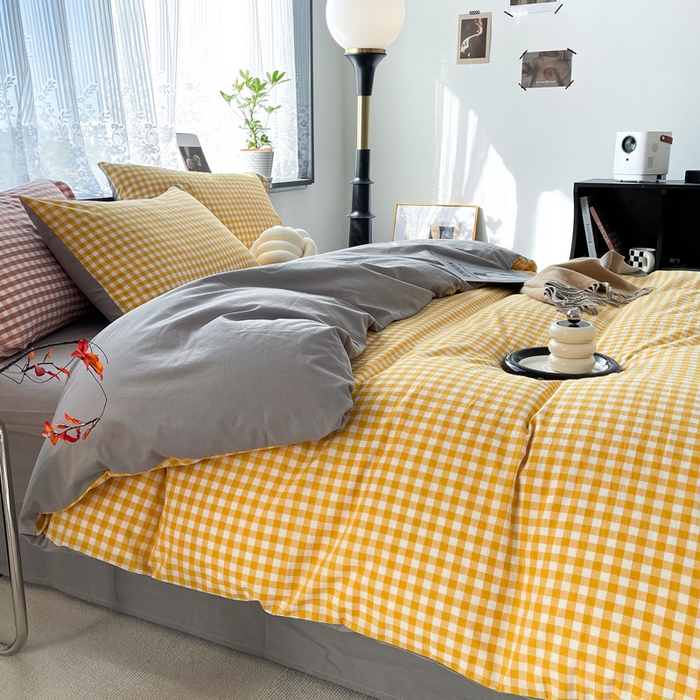 91家纺网 家纺一手货源 找家纺 春皖家纺 2026新款色织AB版水洗棉三件套四件套单品系列（四件套风格一） 朱羽-黄格