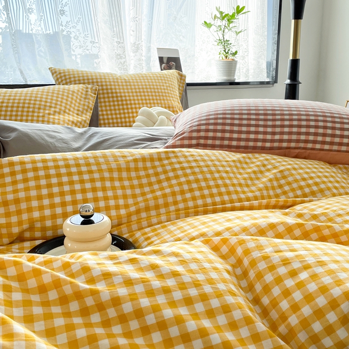 91家纺网 家纺一手货源 找家纺 春皖家纺 2026新款色织AB版水洗棉三件套四件套单品系列（四件套风格一） 朱羽-黄格