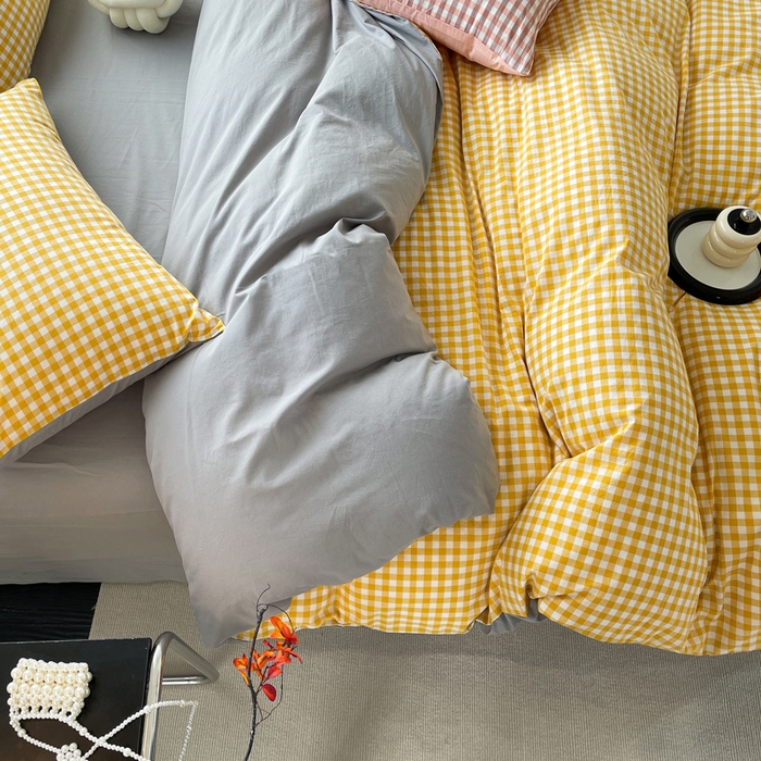 91家纺网 家纺一手货源 找家纺 春皖家纺 2026新款色织AB版水洗棉三件套四件套单品系列（四件套风格一） 朱羽-黄格