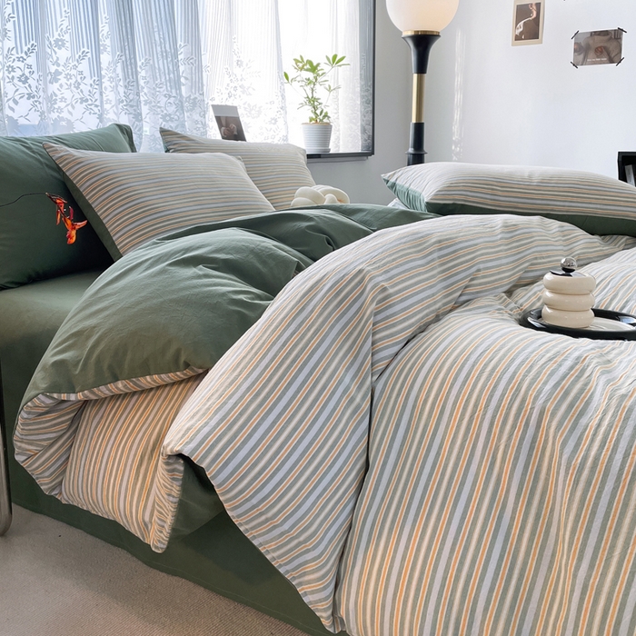 91家纺网 家纺一手货源 找家纺 春皖家纺 2026新款色织AB版水洗棉三件套四件套单品系列（四件套风格一） 素雅-绿条