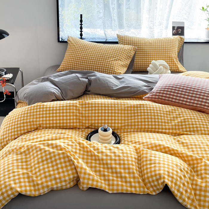 91家纺网 家纺一手货源 找家纺 春皖家纺 2026新款色织AB版水洗棉三件套四件套单品系列（四件套风格一） 朱羽-黄格